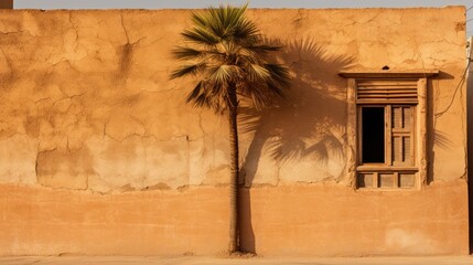 Wall Mural -  a palm tree in front of a tan stucco wall with a window and shutters on the side of it.  generative ai