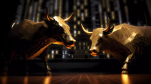 Two Bulls Are Facing Each Other In Front Of A Bar Chart With Gold Bars On It And A Black Background