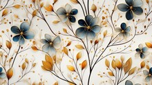  A Painting Of Blue And Yellow Flowers On A White Background With Gold Leaves And Dots On The Bottom Of The Image.  Generative Ai