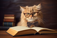 Intelligent Fluffy Cat In Glasses Reading Book