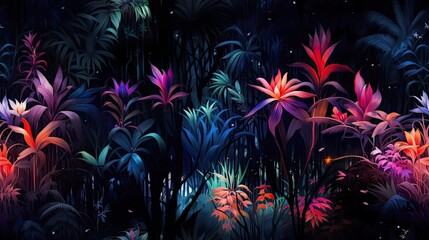 Sticker -  a painting of a forest filled with lots of colorful flowers and plants with stars in the sky in the background.  generative ai