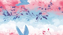  A Painting Of Two Birds Flying Over A Tree Branch With Pink And Blue Leaves On A Pink And Blue Background.  Generative Ai