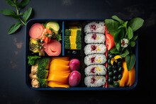 Japanese Bento Lunch Box With Sushi, Rolls And Vegetables On Dark Background