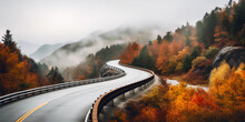 Mountain Highway, Guardrails In View, Winding Through Autumn Foliage. Low-hanging Fog, Overcast Lighting