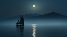 Silhouette Of A Lone Sailor Adjusting The Sail Against The Backdrop Of A Full Moon Rising, Ethereal Mist Surrounding The Boat, Blue And Silver Tones