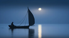 Silhouette Of A Lone Sailor Adjusting The Sail Against The Backdrop Of A Full Moon Rising, Ethereal Mist Surrounding The Boat, Blue And Silver Tones