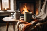 Fototapeta Na sufit - A mug of hot tea stands on a chair with a woolen blanket in a cozy living room with a fireplace. Generative Ai.