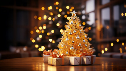 Poster - The gilded Christmas tree with presents placed on the table, bokeh in the background. Festive wallpaper concept. Background or wallpaper with copy space. AI generated.