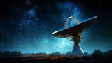 Observatório espacial com silhuetas de antena parabólica contra o céu noturno, estrelas