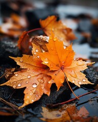 two pretty autumn leaves lie on the floor with thick drops of water on them