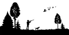 Hunting Silhouette. Hunter With Shotgun, Dog And Duck Flock. Forest Hunting Scene, Animal Hunter Sport Or Bird Shooting Hobby Vector Backdrop, Duck Hunt Season Wallpaper Or Background