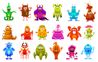 Wall Mural - Cartoon funny monster characters. Spooky creatures, comical fantasy monsters or cute space aliens cheerful isolated vector personage or mascot collection with tentacles, horns, wings and slime bodies