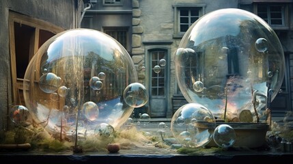 Wall Mural -  a couple of giant bubbles sitting on top of a window sill next to a potted plant in front of a building.  generative ai