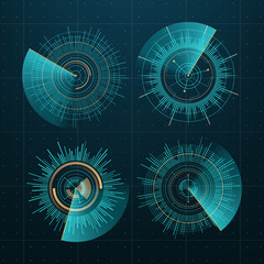 Leinwandbilder - Round circle futuristic charts, HUD interface. Future technology infographic vector elements, digital screen hologram of circular graphs and charts. Space game head up display control panel diagrams