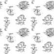 © Nataliia - Mushrooms hand drawn by vector illustration seamless pattern. Drawing grey line on a White background. For fabric, sketchbook, wallpaper, wrapping paper.