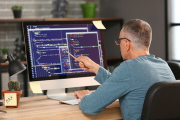 Mature male programmer pointing at computer monitor with programming code in office