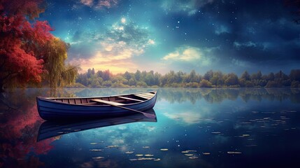 Wall Mural -  a boat floating on top of a body of water under a night sky filled with stars and a full moon.  generative ai