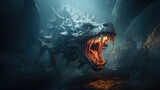 Fototapeta  - Sea monster open its mouth with teeth, fantasy underwater creature