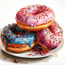 Watercolor Of A Donuts With Sprinkles Glazes And Toppings Clipart, Generative Ai