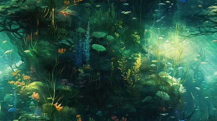 Wall Mural -  a painting of a forest filled with lots of green plants and plants growing on the side of the forest floor.  generative ai