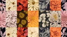  A Collage Of Different Colored Flowers On A Black And White Checkerboard Background With Red, Orange, Yellow, And Pink Petals.  Generative Ai