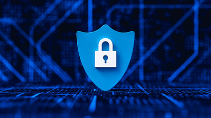 Blue shield with white padlock in the center of the technological stage, data security