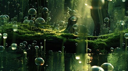 Wall Mural - a group of bubbles floating in the air next to a forest filled with green grass and a mossy tree. ge
