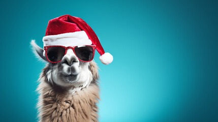 llama with a Christmas hat on a blue background