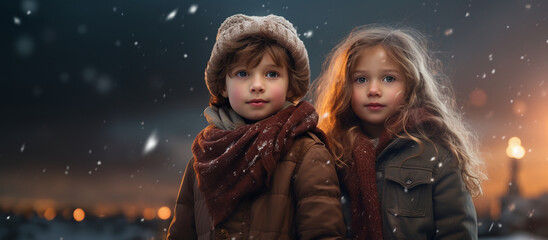 2 children in winter clothes on a snowy Christmas day - copyspace