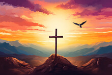 Holy Cross Symbolizing The Death And Resurrection Of Jesus Christ Shrouded In Light And Clouds At Sunset