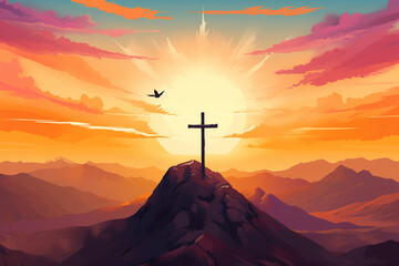 Wall Mural - Holy cross symbolizing the death and resurrection of Jesus Christ shrouded in light and clouds at sunset