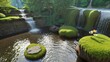 Grüne Gartenlandschaft mit Wasser, Wasserfall, Wasserspiel, kleine Insel, 3d Stadt