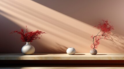 Wall Mural - Top view of beige light bokeh shadow on sand color background. Flat lay with shadow on the wall. Minimal summer concept. Creative copyspace for overlay on product presentation. Generative AI art