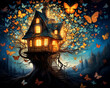 Treehouse surrounded by luminescent butterflies. Surreal, dreamlike art style