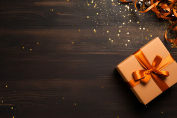 Canvas Print - Shiny gift box with golden bow on black background. Space for text.