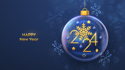 Wall Mural - Happy New 2024 Year. Hanging Golden metallic numbers 2024 with shining snowflake in a transparent glass ball on blue background. New Year greeting card, banner, poster, flyer. Vector illustration.