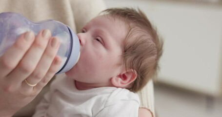 Poster - Baby, nursery and mother with bottle for feeding, drinking milk and formula for health, wellness and growth. Family, love and parent with newborn sleeping for child development, hunger and nursing