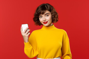 Wall Mural - Smiling surprised, young brunette woman 20s wearing casual yellow sweater standing hold mobile cell phone with blank empty screen