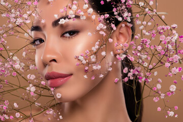 Wall Mural - Close up photo of lovely cute lady ideal pure clear pore herbal mask cream cosmetics isolated on beige color background