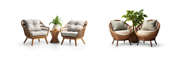 collection Set of outdoor garden rattan straw couches armchairs cutouts double seat sofas isolated on transparent background