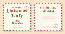 Christmas Party Invitation And Wishlist Template. Christmas Letter To Santa With Stamp. Holiday Gift Registry.  Vector Illustration.
