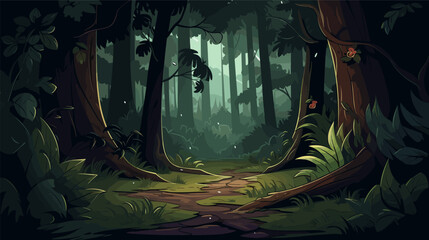 Mysterious forest with road. Cartoon illustration for book or banner, fairy tale nature background. Magic world vector graphic art