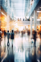 Poster - A blurry image capturing people walking inside a building. Suitable for depicting movement and activity in an indoor setting.