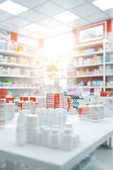 Wall Mural - A picture of a pharmacy shop filled with numerous medicine bottles. This image can be used to depict a well-stocked pharmacy or to illustrate the concept of healthcare and medication availability.
