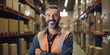 © Fotograf - A man wearing an orange vest stands in a warehouse. This image can be used to depict industrial work, construction, or warehouse operations