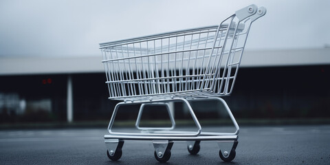 Sticker - A shopping cart placed on top of a parking lot. This image can be used to depict urban shopping or the concept of convenience