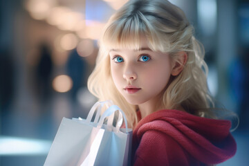 Poster - A cute little girl holding a shopping bag and making eye contact with the camera. Perfect for showcasing shopping, retail, or consumerism concepts