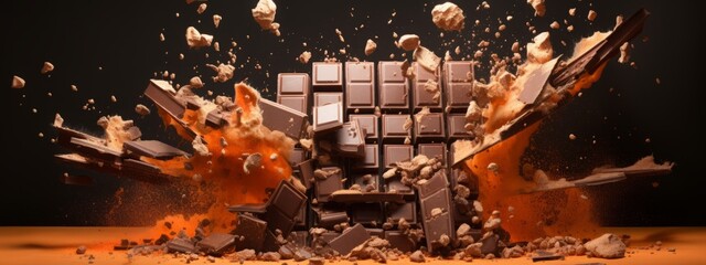 Wall Mural - Chocolate bar piece explosion chunk candy broken isolated milk cocoa fly white background. Break bar chocolate fall air food chip snack dark piece dessert black ingredient burst parts cacao sweet.