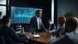 © DigitalArt - In a sleek conference room, a businessman wearing glasses and a crisp white shirt discusses charts displayed on a big screen to a diverse group.