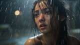 Fototapeta  - 雨でびしょ濡れになった女性